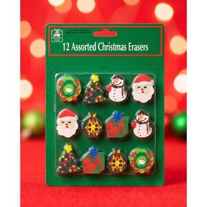 Vintage Christmas House 12 Assorted Christmas Erasers Holiday Stationery New
